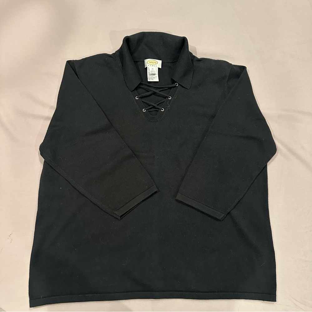 Talbots Plus Cotton 3/4 Sleeve Collar String V Neck Pullover Sweater Black 1X